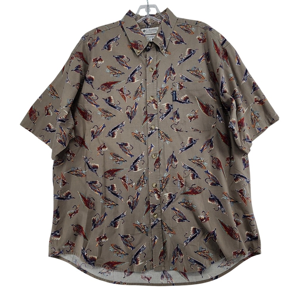 Columbia Large Tan Fly Fishing Lure Print Cotton SS Button Down Shirt Vintage 97